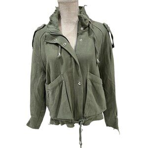 Blanknyc Womens Olive Green Utility Jacket W/ Pockets Drawstring Hem & Frayed De